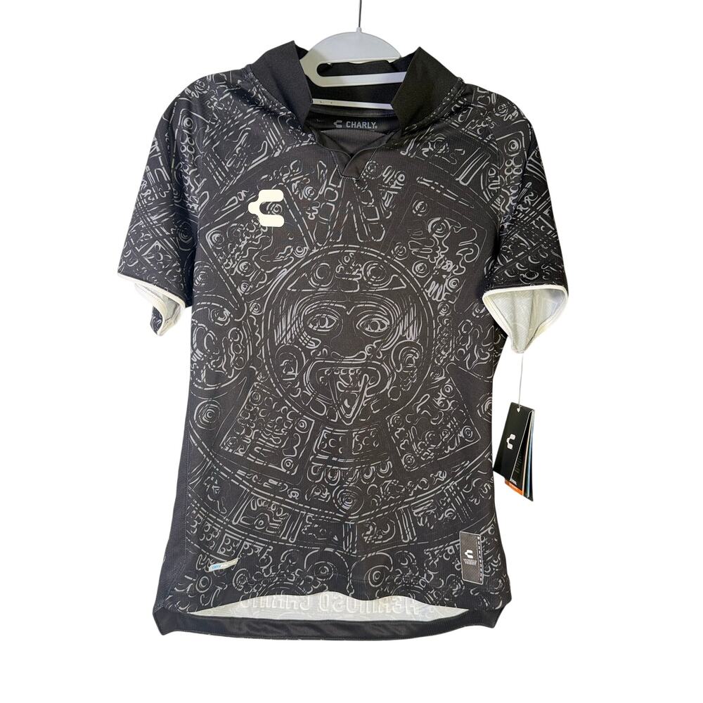 Charly Mexico Heritage SS Soccer Jersey Men's XS Black Aztec Print NWT
